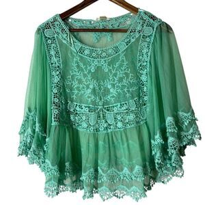 Double Zero Green Sheer Mesh Lace Top Womens Sz M Boho Romantic